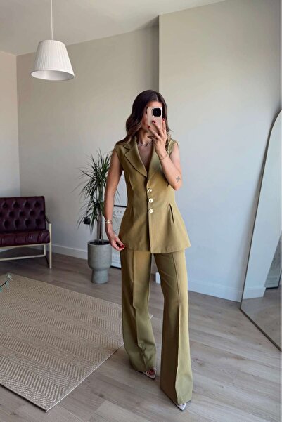 Sue Store Olive Pileli Düğmeli Pantolon Yelek Keten Karışımlı Takım