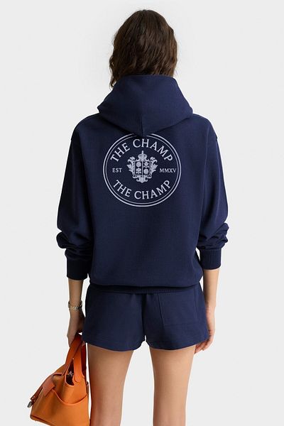 The Champ Clothing Унисекс тъмносин суитшърт с качулка – емблемата на шампиона, 3-нишков рельеф, градски и колежански стил
