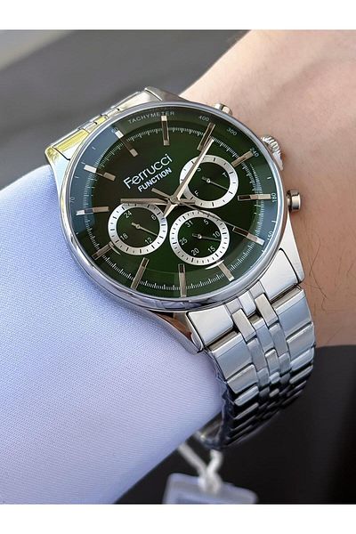 Ferrucci Function Men's Wrist Watch Green Dial Silver Detailed Functional Silver Metal Band