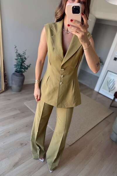 Sue Store Olive Pileli Düğmeli Pantolon Yelek Keten Karışımlı Takım