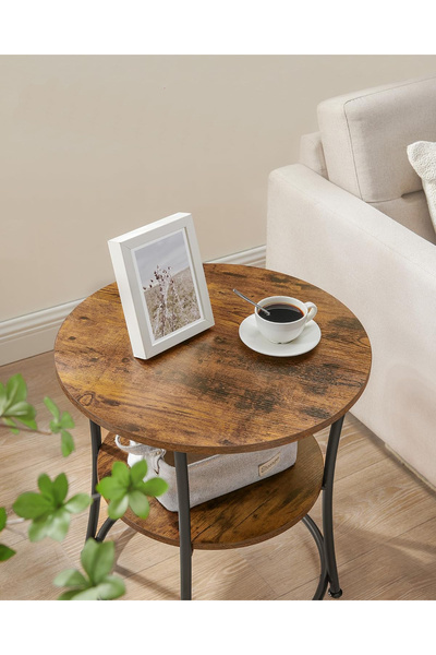 VASAGLE Round Side Table, Bedside Table, with 2 Shelves, Steel Frame, 55x55cm, Rustic Brown