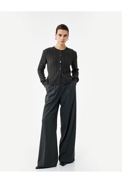 Koton Long Sleeve Crew Neck Button Hair Knit Cardigan