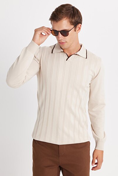 Tudors Erkek Slim Fit Dar Kesim Çizgi Detaylı Taş Polo Yaka Kazak