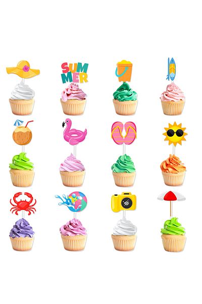Choice style A 12pcs Summer Beach Hawaii Cupcake Toppers Sun Umbrella ball Cake Toppers Hawaiian Pool Them
