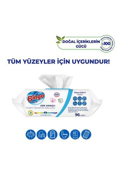 Bingo Pratik Yüzey Temizlik Havlusu Beyaz Sabun 96lı + Arap Sabunu Katkılı Lavanta 96lı 2'li Set