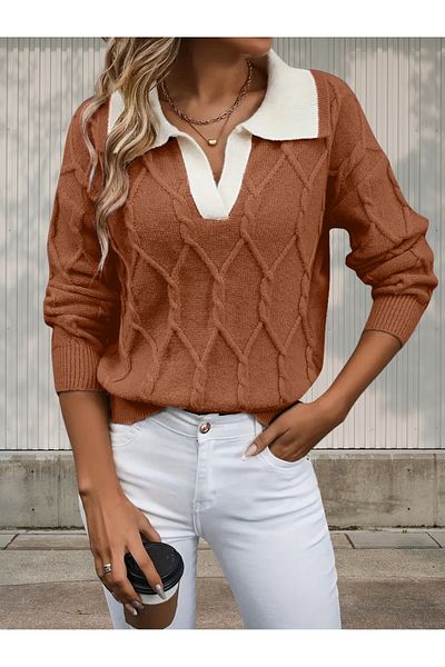 hanope Polo Neck Knitted Patterned Women's Cinnamon Knitwear Sweater