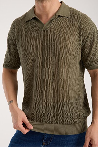 Afri Tricou pentru bărbați, cu guler polo, cu linie verticală, texturat, verd...