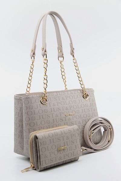 Just Polo 4 Compartment Medium Size Stone Women's Shoulder and Hand Bag with Chain Strap – Wallet Gift