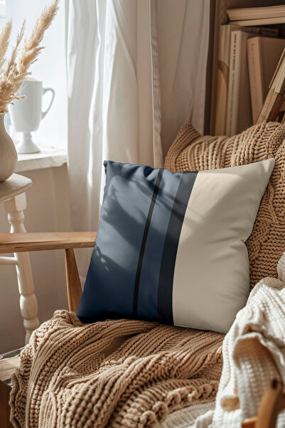 Hayal Dekoratif Modern Ersace Patterned Striped Blue Cream Colors Single Digital Printed Throw Pillow - Pillow Case