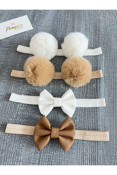 pempem bandana Baby Girl Pom Pom Headband, Linen Bow Headband Set of 4