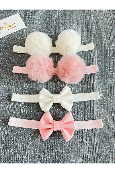 pempem bandana kız bebek ponpon bant, keten fiyonk bant 4 lü set