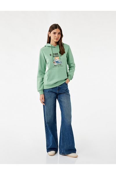 Koton Kangaroo Pocket Detailed Hooded Sweatshirt with Raised Cat Print