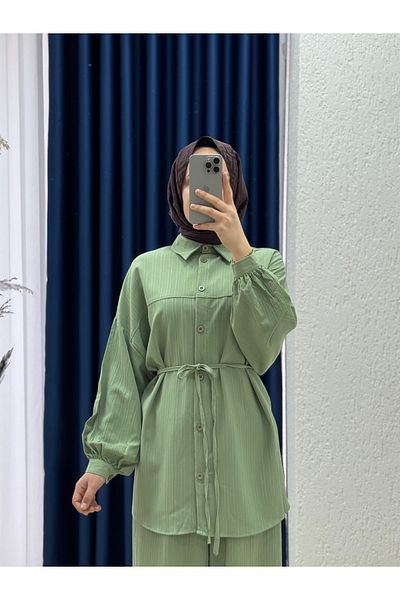 MİHRA STORE Behin Shirt Front Moulding Bielied Dubai Pants Suit-Ek-Z-480 Green
