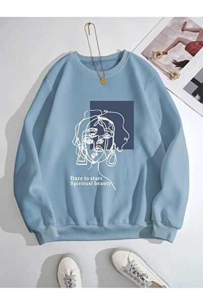StartMore Blue Women's Beauty Special Chest Printed Oversize Crew Neck
