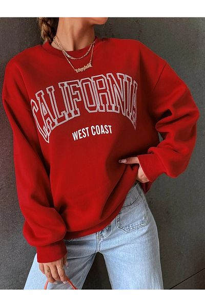 StartMore Red Unisex Women/Men California Special Series Oversize Crew Neck Cotton