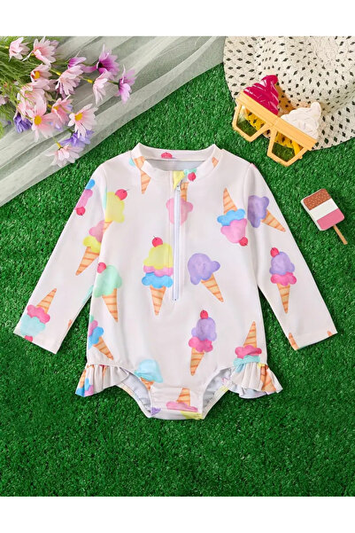 MODA Kız Bebek Uzun Kollu Dondurma Desenli Mayo – Fermuarlı, Fırfır Detaylı Y...
