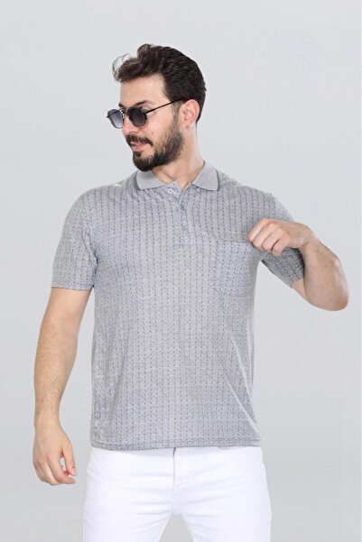 HEDEFNUR TEKSTİL Ανδρικό μπλουζάκι Daddy σε ανοιχτό γκρι χρώμα με γιακά, μοτίβο τσέπης, νέο μοντέλο, ζακάρ κλασικής εφαρμογής