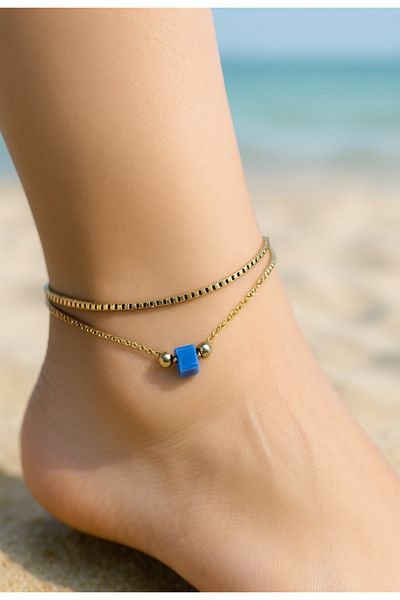 stainless steell Gold Color Elevator Sf Globe Blue Stone Steel Anklet