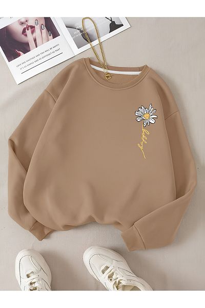 StartMore Beige Women's Happy Daisy Special Colored Oversize Crew Neck Cotton