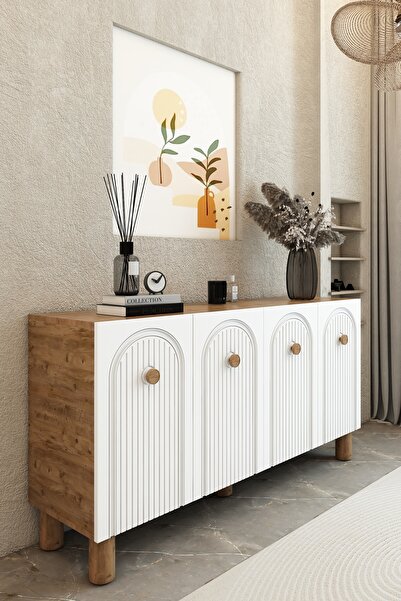 izcodesign Bohem 4 Kapaklı Kahverengi Konsol – MDF Kapaklı Modern Salon Dolabı | Çok Amaçlı Depolama Ünitesi