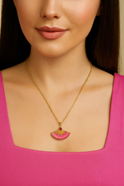 Lorvia قلادة مروحة من حجر الزركون الذهبي من المينا باللون الوردي من الفولاذ للنساء، نموذج مجوهرات أنيق ولامع