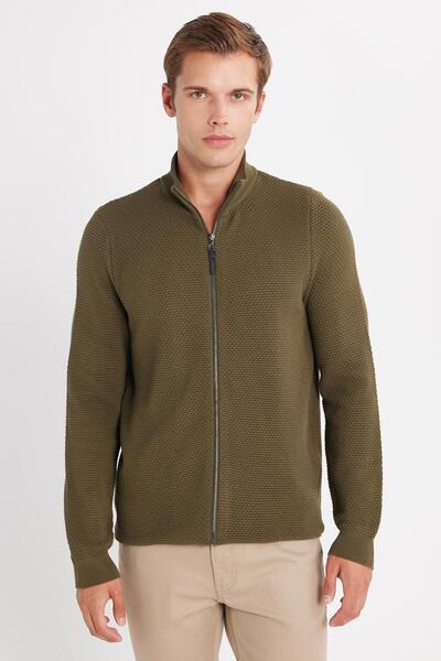 Tudors Men's Standard Fit Regular Cut Patterned Half Turtleneck Zipper Open Khaki Color Cardigan