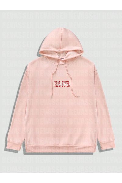 StartMore Pink Unisex Oversize Real Lover Printed Loose Cut Hooded Hoodie
