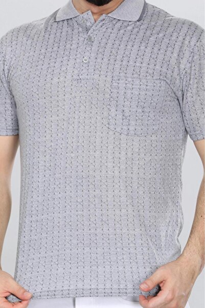 HEDEFNUR TEKSTİL Ανδρικό μπλουζάκι Daddy σε ανοιχτό γκρι χρώμα με γιακά, μοτίβο τσέπης, νέο μοντέλο, ζακάρ κλασικής εφαρμογής