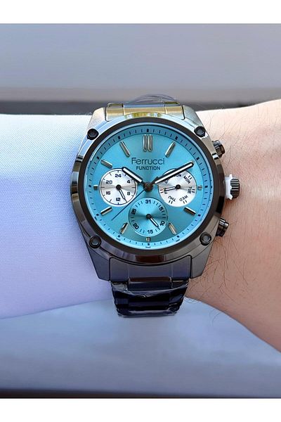 Ferrucci Function Men's Wristwatch Blue Dial Smoked Metal Band Functional Watch with Calendar