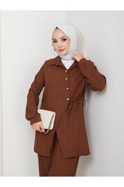 Hb Harma Time Butik Γυναικείο Σετ με Ζώνη με Κουμπιά Φράουλα Ύφασμα Καφέ Διπλό