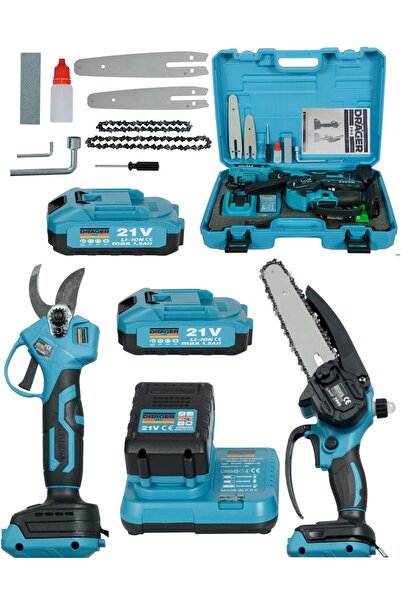 pro drager 2 Li Set 21 V 2x Akülü Çelik Şanzıman 2 Pala Zincirli Şarjlı Dal A...