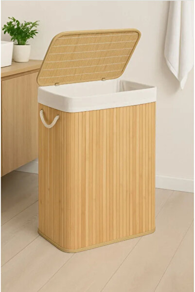 AYGÖREN HOME Bambu Kirli Çamaşır Sepeti Kare / Katlanabilir Bambu Kirli Çamaş...