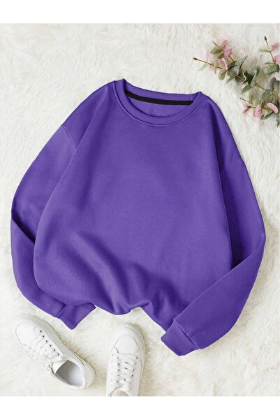 StartMore Purple Unisex Solid Color Oversize Crew Neck Cotton