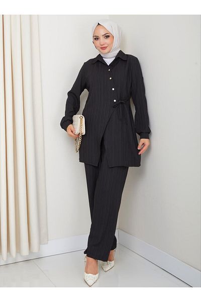 Hb Harma Time Butik Women's Belted Buttoned Strawberry Fabric Black Double Suit