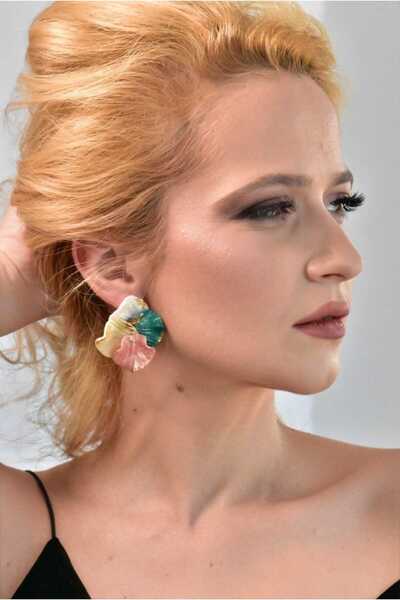 NARRU Cercei lucrati manual, auriu, verde, roz, Calisto