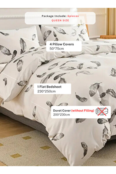 LUNA HOME Queen size 6 piece duvet cover set, white bed linen with gray feathers 200x230cm.