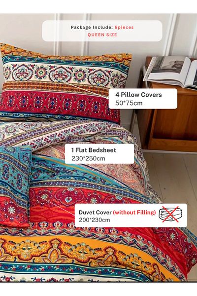LUNA HOME Queen size 6 piece duvet cover set, colorful bohemian bedding 200x230cm.