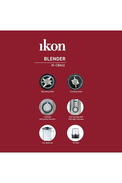 Ikon خلاط مع مطحنة قهوة، وعاء زجاجي سعة 1.5 لتر، 450 واط، ستانلس ستيل، CB022