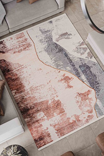 Oriente Home Modern Patterned Washable Non-Slip Base Brown Blue Chenille Livi...