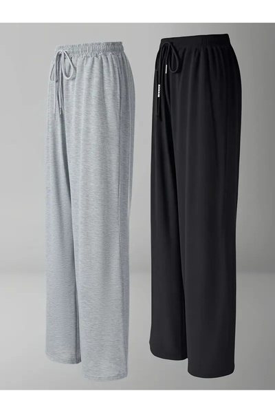 CAONNES 2 li Siyah Gri Unisex Baggy Iki Iplik Oversize Eşofman Pantolon