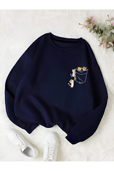 StartMore Navy Blue Women's Colorful Cat Special Chest Printed Oversize Crew ...