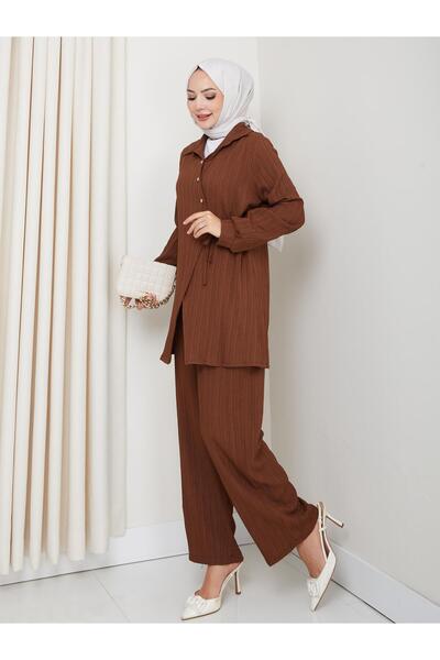 Hb Harma Time Butik Γυναικείο Σετ με Ζώνη με Κουμπιά Φράουλα Ύφασμα Καφέ Διπλό