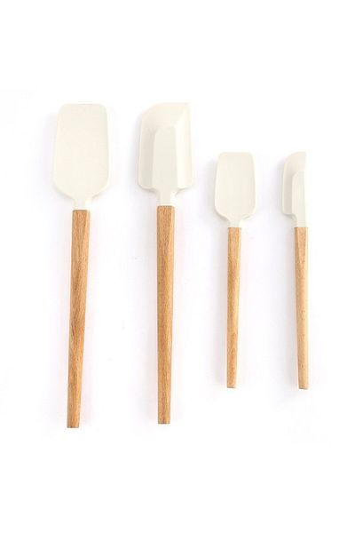 CLICK Set 4 Ustensile de Bucatarie, din Silicon si Lemn, Spatule de Dimensiuni Diferite, Termorezistente,