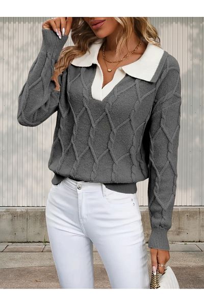 hanope Polo Neck Knitted Patterned Women's Anthracite Knitwear Sweater