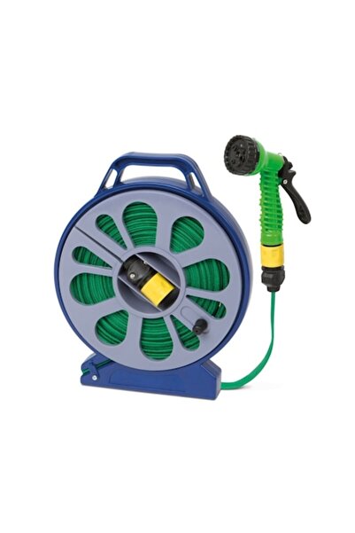 CLICK Kit de Irigare 15m Flexibil, Furtun Din Material cu Tambur, Duza 7 in 1...