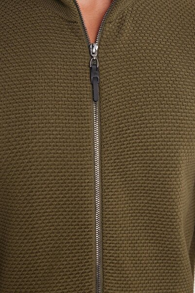 Tudors Men's Standard Fit Regular Cut Patterned Half Turtleneck Zipper Open Khaki Color Cardigan