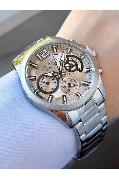 Ferrucci Function Men's Wrist Watch Beige Dial Silver Metal Cord Functional Design with Calendar