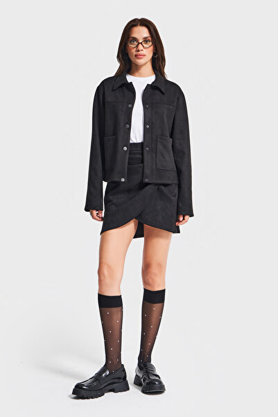 its basic Women's Black Color W5-1 Suede Soft Fabric Front Button Jacket