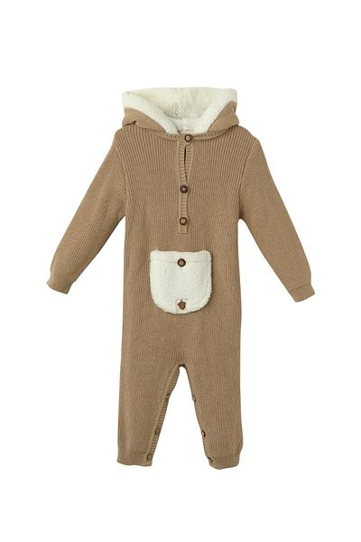 Uludağ Triko Milk Brown Organic Cotton Kangaroo Pocket Jumpsuit