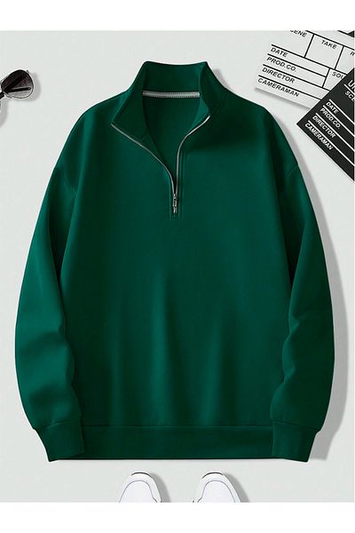 StartMore Khaki Unisex Men/Women Solid Color Stand Collar Half Zipper Cotton Oversize
